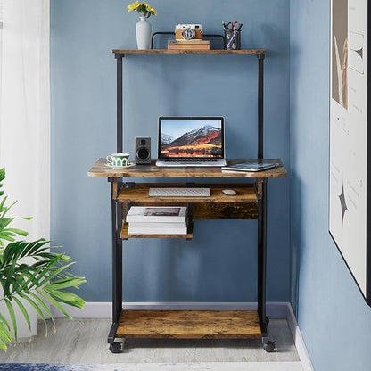 Topeakmart Retro Computer Desk on Wheels Mobile Computer Desk with Printer Shelf and Keyboard Tray, 3 Tiers Home Office Desk with Storage for Small Space, Compact Computer Workstation, Rustic Brown