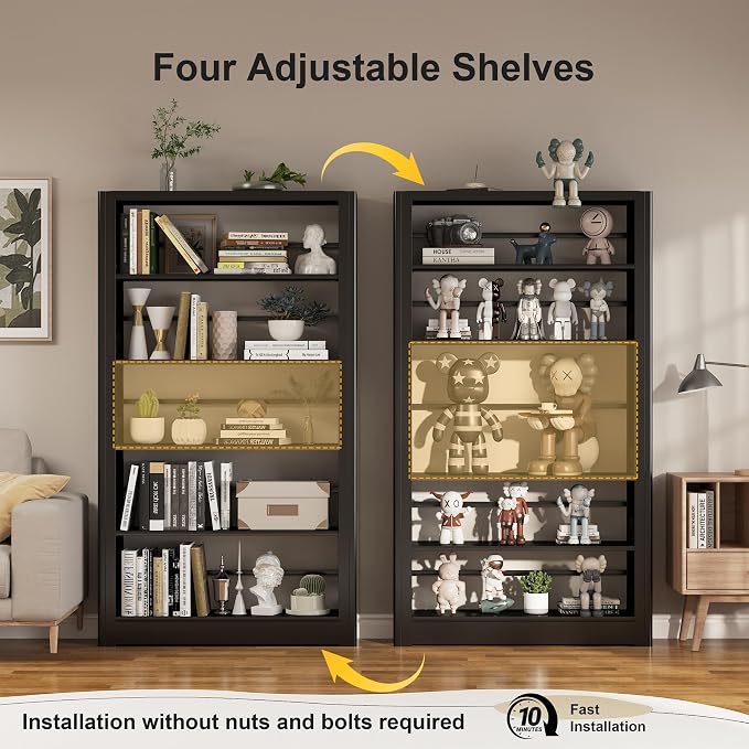5-Tier Expandable Metal Bookshelf, 69"Heavy Duty Adjustable Shelves(Black) | Large,280LB Load Capacity Each Shelf,Industrial Sturdy Bookshelf,Easy Assembly,Wide/Tall/Deep Bookcase