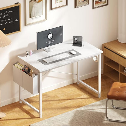 OLIXIS Computer Desk, 44 Inch Home Office Desks for Small Spaces, Writing Craft Study Gaming Table for Bedroom, Modern Computer Workstation with Storage Bag and Headphone Hook, White