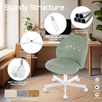 Vanity Chair with Cat Back,Armless Desk Chair Cute Small Office Chair,Teddy Fabric Computer Chair with Adjustable Height,120°Tilting,Rolling,Swivel for Vanity,Kids Room,Office,Bedroom Green