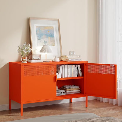 Metal Storage Cabinet with 2 Doors & Adjustable Shelves, 25" H Orange Accent Cabinet, Metal Locker Storage Cabinets, Tv Stand Cabinet for Home, Office, Living Room, Entryway