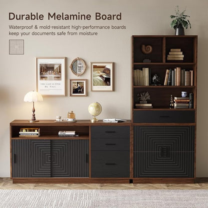 ONBRILL Home Office Furniture Sets, 55'' Standing Desk with 55'' File Cabinet, Electric Height Adjustable Standing Desk with 71'' Tall Modern Bookshelf, Home Office Furniture Set, Walnut