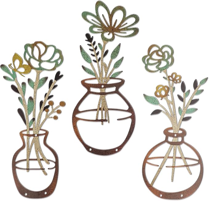 Mcdagogn 3 Pieces Metal Flowers Wall Decor - Rustic Farmhouse Wall Arts, Boho floral Minimalist Wall Decor for Living room Bathroom Bedroom laundry Room Kitchen Office - Housewarming Gifts