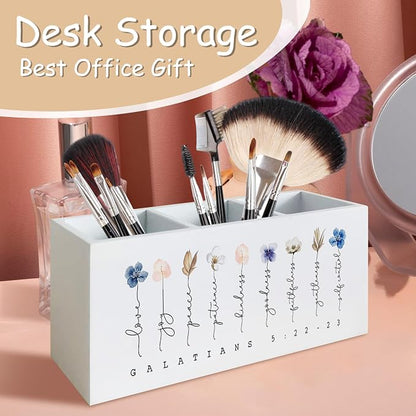Christian Pen Holder for Office Desk, Religious Christian Gifts for Women, Floral Boho Christian Bible Verses Wooden Pen Pencil Holder Organizer for Home Office Desk Accessories
