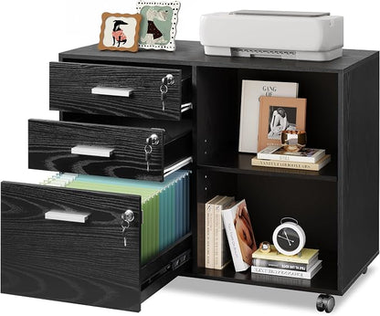DEVAISE 3-Drawer Wood File Cabinet with Lock, Mobile Lateral Filing Cabinet, Printer Stand with Open Storage Shelves for Home Office, Black