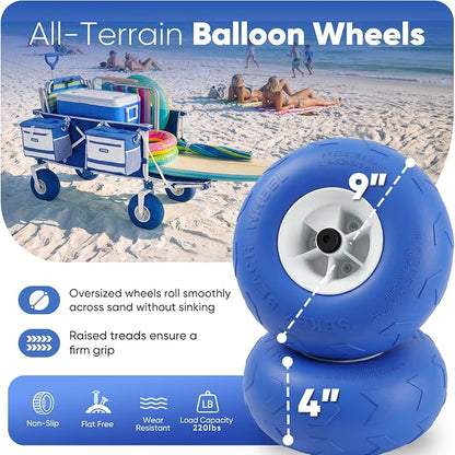 Sekey Heavy Duty Beach Wagon with 9" Big Sand-Proof Wheels, 300L Oversized Foldable Beach Cart with Cooler| Adjustable Handle & Balloon Tires for Sand, Camping,Vacation