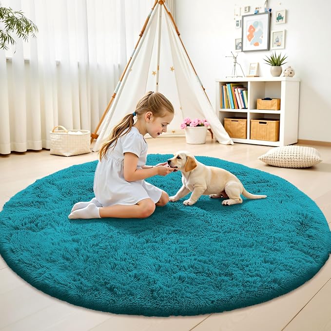 OLANLY Teal Round Rugs for Bedroom - Machine Washable, 6 ft Circle Area Rugs for Living Room, Soft and Fluffy Shaggy Carpet for Teen Girl and Boys, Nursery Rooms, Dorms, Home Decor Aesthetic