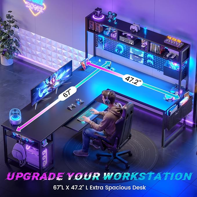 SEDETA L Shaped Gaming Desk, Reversible Computer Desk with Power Outlet and Pegboard, Gaming Desk with Led Lights, Keyboard Tray and Storage Bag for Home Office, Black