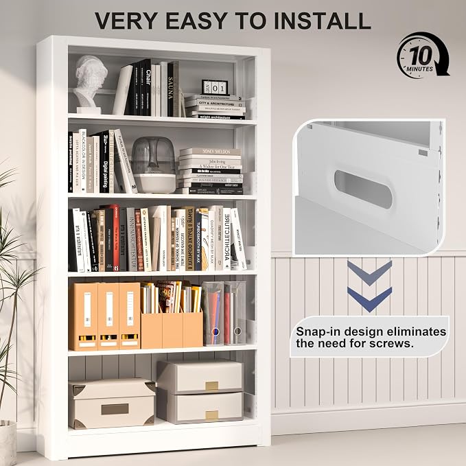 VASAAOSD White Bookshelf, 5 Tier Tall Bookshelf, Metal Bookshelves and Bookcases with Adjustable Shelves, Large Bookshelf Open Display Shelves with for Study, Office, Corner (69" H)