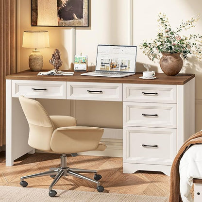 Vabches 55 Inch Farmhouse Desk with 5 Drawers, Large Home Office Computer Desk with Adjustable File Drawer, Executive Workstation with Storage for Study Writing Work, White