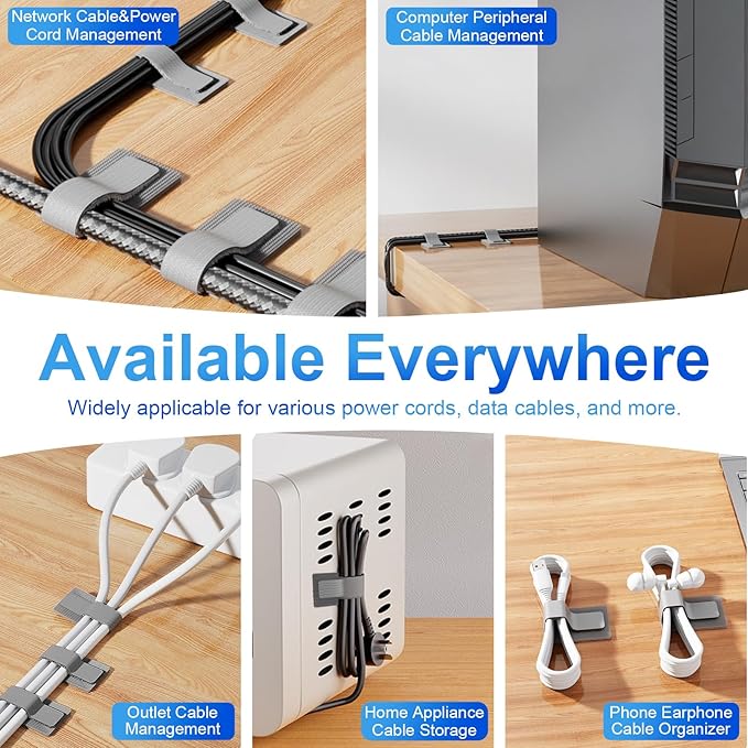 80 PCS Hook and Loop Cable Ties, Self Adhesive Cable Management Straps, Reusable Cord and Wire Organizer Clips for Under Desk, Computer, TV, Gaming Setup, Home Office and Kitchen, Black