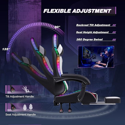 Homall Gaming Chair, Video Game Chair with Footrest and Massage Lumbar Support, Ergonomic Computer Chair Height Adjustable with Swivel Seat and Headrest (RGB Lvory)