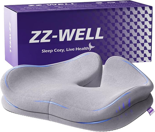 ZZ-WELL Seat Cushions for Office Chairs, Coccyx Cushion for Tailbone Pain, Memory Foam Butt Pillows for Long Sitting, Patented Pressure Relief Design, Extra Large & Thick, 21.2 Inches (Light Grey)