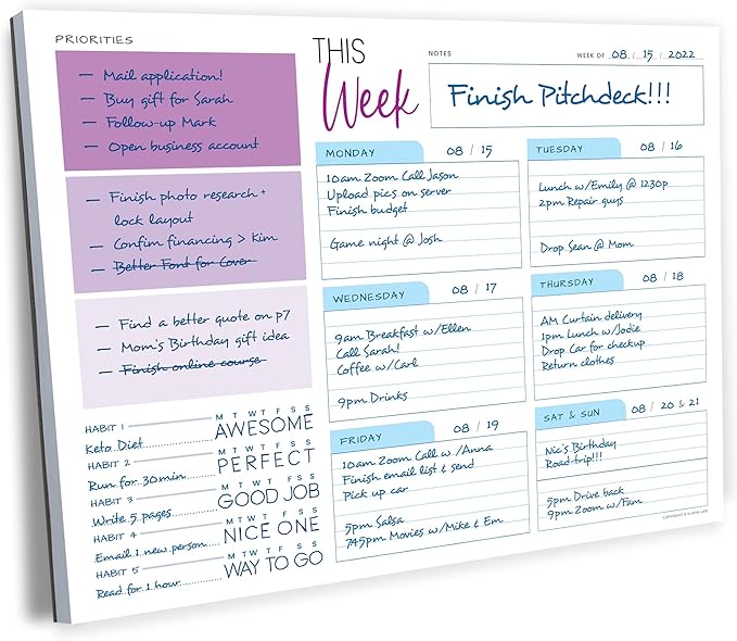 Weekly Planner Pad - Undated Planner - To Do List Notepad - Habit Tracker - 11 x 8.5" - 52 Tear-Off Sheets - Daily Planner Undated for Home Work Office Business - Goal Planner - Cute Planner (Purple)