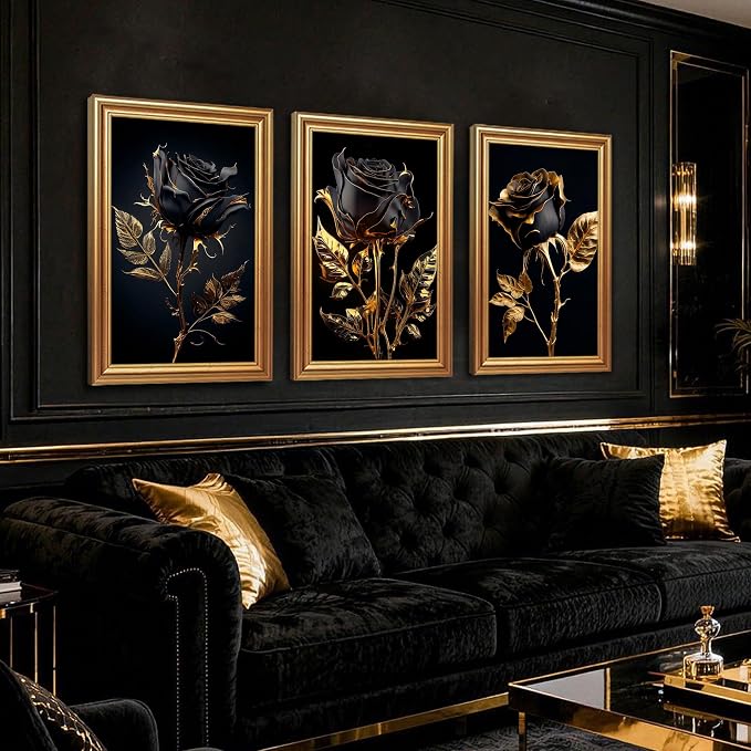 ICHZUMW Black and Gold Wall Decor, Gold Framed Glam Rose Canvas Wall Art, Set of 3 Ready to Hang Fade Resistant Floral Prints with Moody Dark Academia Aesthetic for Bedroom Living Room, 16x24 Inches