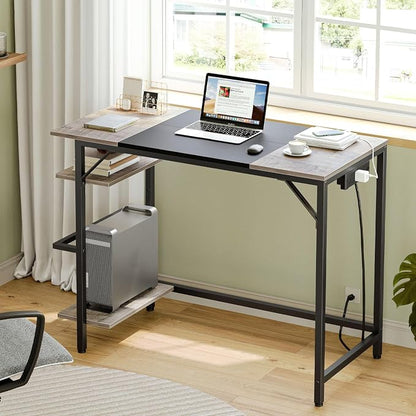 HOOBRO Small Computer Desk, Home Office Desk with Power Outlet, Writing Desk with 2 Shelves, Modern Small Desk for Home Office, Study, Easy to Assemble, Charcoal Gray and Black BG43UDN01