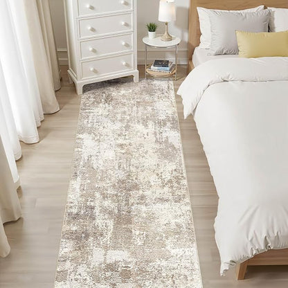 Runner Rug Kitchen Washable Rugs: 3x10 Non-Slip Abstract Soft Modern Stain Resistant Indoor Floor Neutral Accent Throw Carpet for Hallway Bathroom Laundry Room Entryway Bedroom- Beige Brown