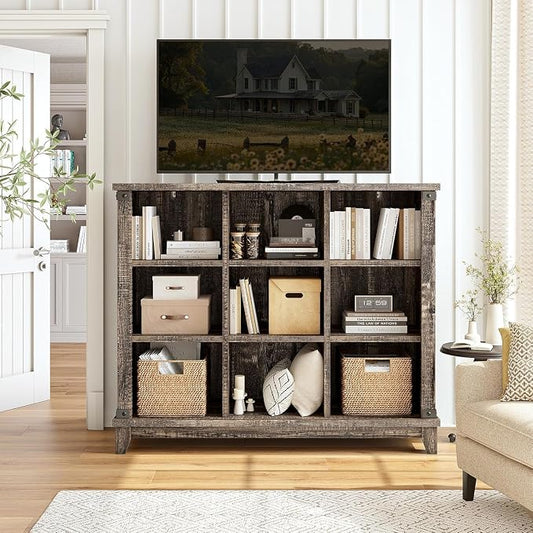EnHomee 9 Cube Storage Organizer and Shelves, Cubby Storage Organizer, Bookshelves with Storage for Home and Bedroom, Black Oak