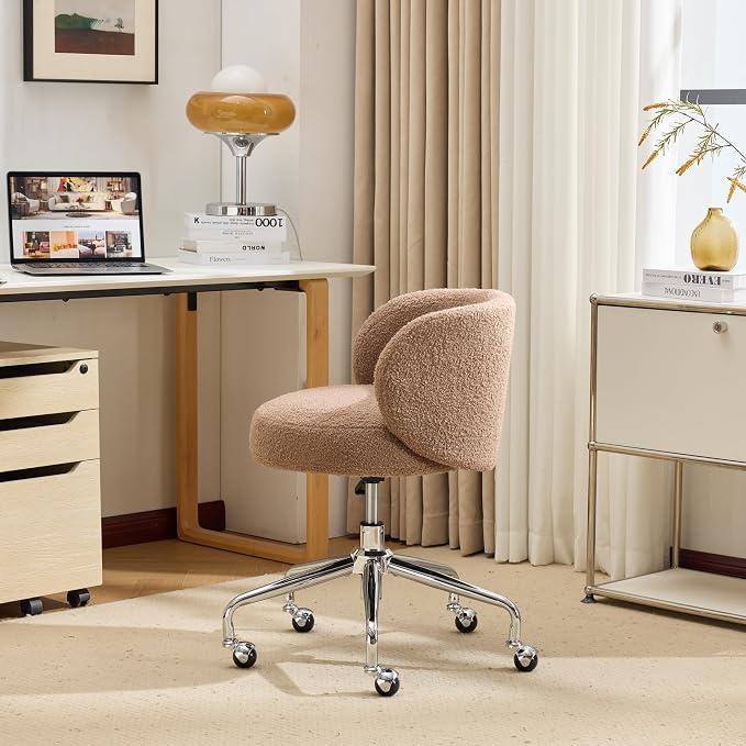 VINGLI Cute Small Swivel Desk Chair Comfy with Wheels,Ergonomic Low-Back Lumbar Support Vanity Nail Tech Rolling Task Stool Chair for Home Office,Height Adjustable,Teddy Fleece,Brown