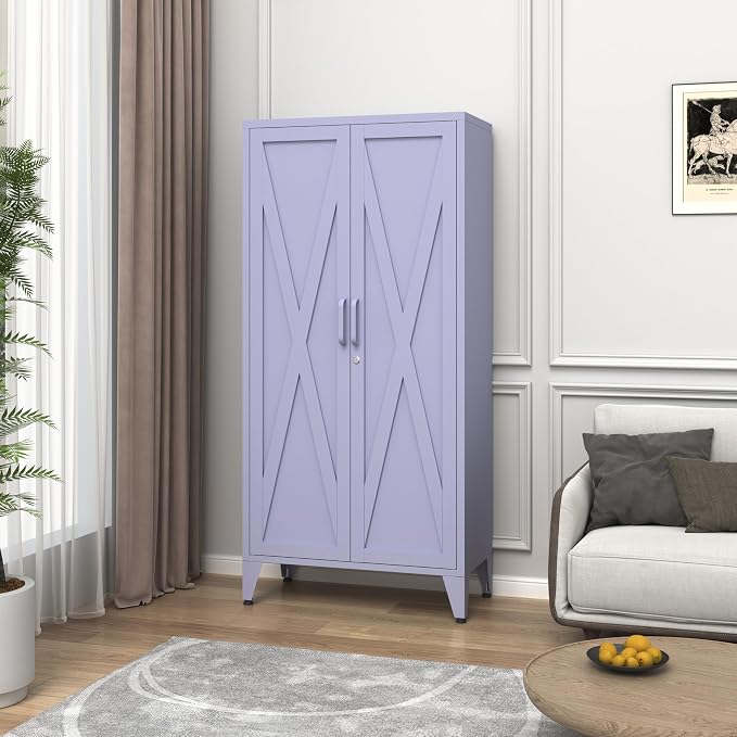 61" H Tall Lockable Steel Storage Cabinet with 2 Doors and 3 Adjustable Shelves,4-Tier Freestanding Metal Locker for Home,Office,Living Room,Gym,Purple 27.6" W x 13.8" D
