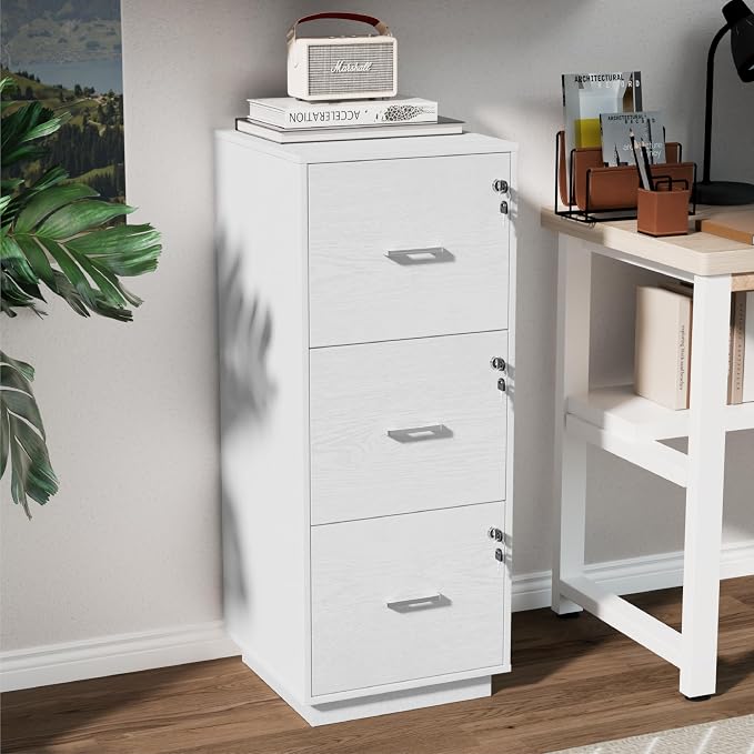 VINGLI 3 Drawer File Cabinet with Lock, Home Office Filing Organizer, for Letter Size File Folder Storage, Wood Tall Vertical Filing Cabinet, Printer Stand, Archivador (White)