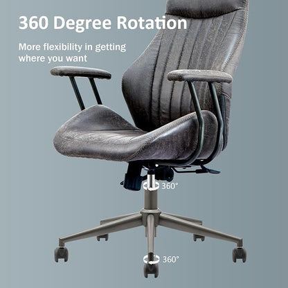 High Back Home Office Chair, Mid Century Vintage Executive Chair,Comfy Ergonomic Rolling Office Task Chair with Lumbar Support,Faux Leather Office Chair,Dark Gray