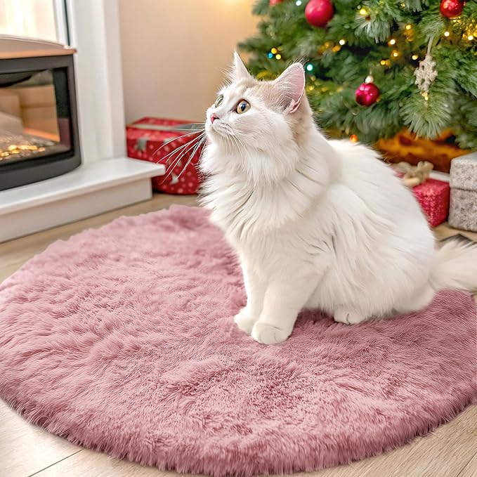 OLANLY Pale Pink Round Rugs for Bedroom - Machine Washable, 2 ft Circle Area Rugs for Living Room, Soft and Fluffy Shaggy Carpet for Teen Girls and Boys, Nursery Rooms, Dorms, Home Decor Aesthetic