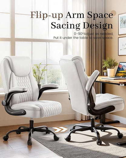 COMHOMA Mid-Back Office Chair, Ergonomic PU Desk Chair with Flip up Arms, Small Computer Gaming with Comfy Lumbar Support,Rocking Function,Sturdy Metal Base, White