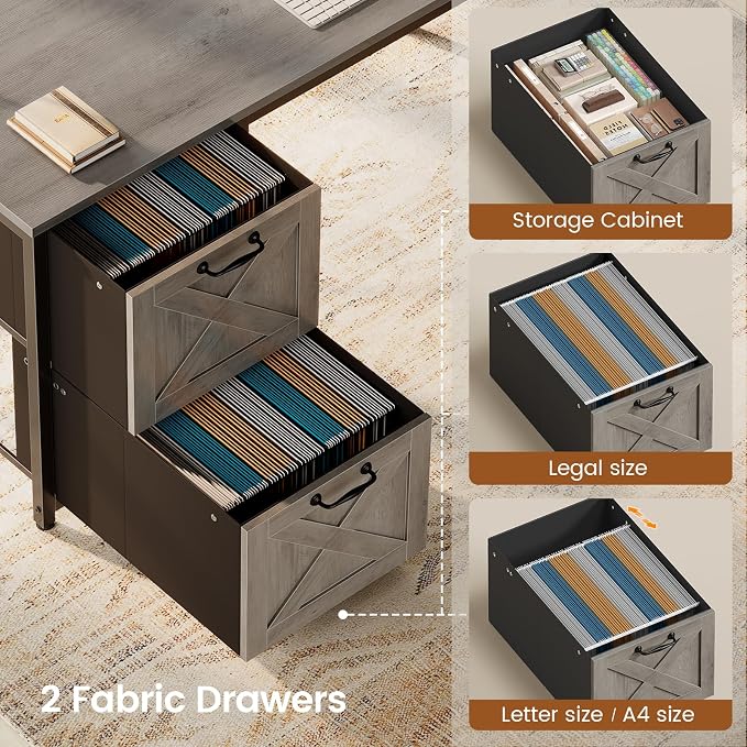 SEDETA L Shaped Gaming Desk, Reversible 86.6" Computer Desk with Fabric Drawers and Power Outlet, Gaming Desk with Led Lights, Hutch and Storage for Home Office, Light Gray