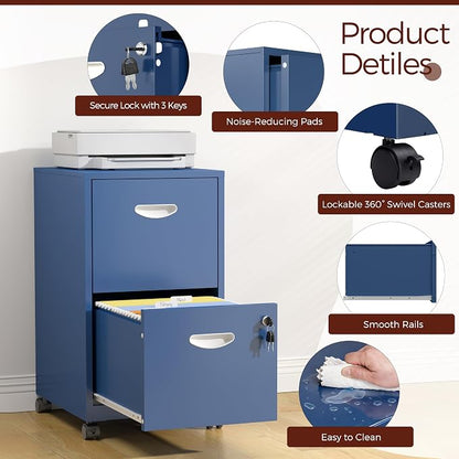2 Drawer Mobile File Cabinet with Lock, Blue Metal Filing Cabinets with Wheels, Vertical Rolling File Cabinet Fit Hanging Files, Letter and A4 Documents
