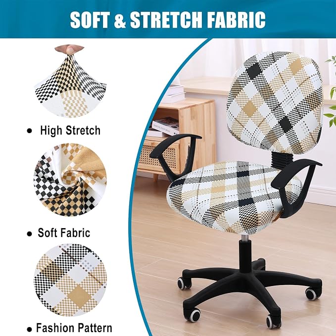 Smiry Stretch Printed Office Computer Chair Covers, Universal Washable Removable Desk Rotating Chair Slipcovers Protector, Seat + Backrest Cover - Khaki and Black