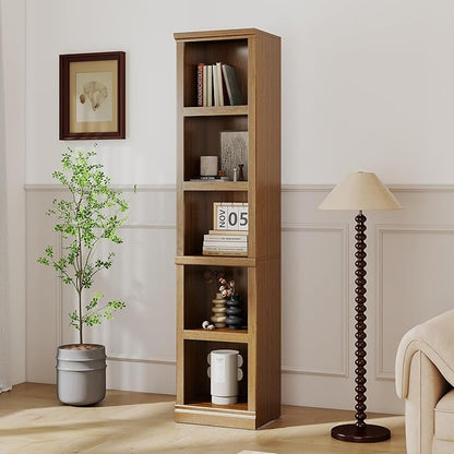 blini 5-Shelf Narrow Bookcase Wooden Tall Bookshelves Floor Standing Display Storage Shelves Vintage Oak Bookcase for Home Office, Living Room, Bed Room