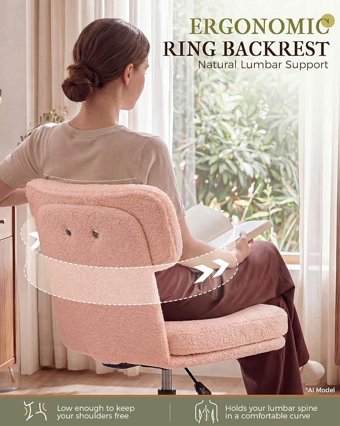 COMHOMA Vanity Chair with Ergonomic Curved Backrest, Home Office Desk Chair with Silent Wheel, Wide Seating Computer Chair for Girls Women Bedroom, Soft Teddy Fabric, Pink