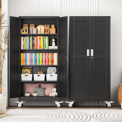 winiowa 71" Tall Metal Garage Storage Cabinet with Wheels, Steel Locking Rolling Tool Cabinet with 4 Adjustable Shelves for Garage,Home,Office (Black)