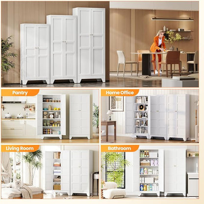 72" Tall Kitchen Cabinet Storage Unit With 2 Doors and 4 Adjustable Shelves, Metal White Freestanding Cupboard, 5 Tier Kitchen Pantry Storage Cabinet for Kitchen Dining/Living Room/Garage/Home/Office