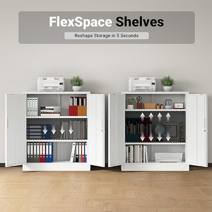 CJF Metal Storage Cabinet, 36" H Locking Storage Cabinet with Shelves and Doors for Home Office, Garage, Utility Room, Entryway(White)
