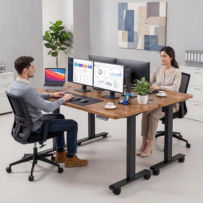 farexon Electric Standing Desk Adjustable Height, 63x24 Inches Computer Gaming Desk with Rolling Wheels, Mouse Pad,Multifunctional Stand up Desk for Home/Office(Brown)