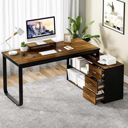 MaverickFurni 55" L Shaped Desk with Drawers and Shelves, Home Office Desk with Monitor Stand for Work Writing Study, Reversible Corner Desk with Storage, Black