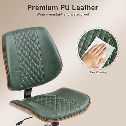 DYHOME Modern Walnut Home Office Chair with Wheels, Executive Office Desk Chair No Arms, Adjustable Height Small Desk Chair, Comfy PU, Deeper Cushion, Mid Back 360 Swivel Computer Chair, Green
