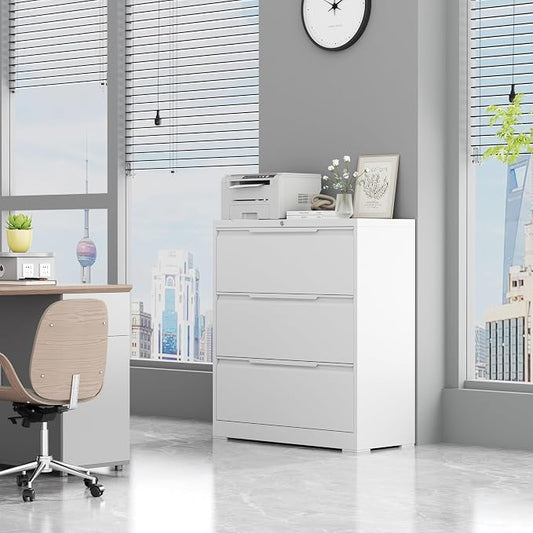 3 Drawer Lateral File Cabinets with Lock,Metal Filing Cabinet for Home Office,Wide Office Storage Cabinet with Hanging Bars for A4 Legal/Letter Size(White-Easy Assembly)