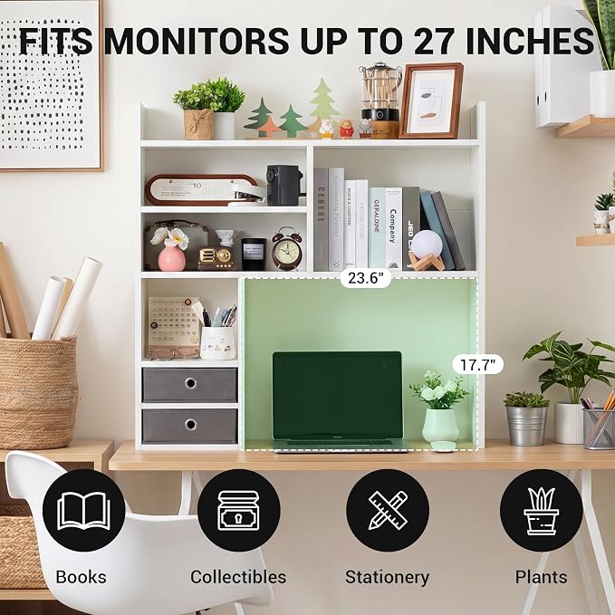 deli Desktop Bookshelf, High-Capacity Desk Hutch Organizer with 7 Shelves and 2 Drawers for Computer Desk, Desk Shelf Organizer for Dorm Office Home, White