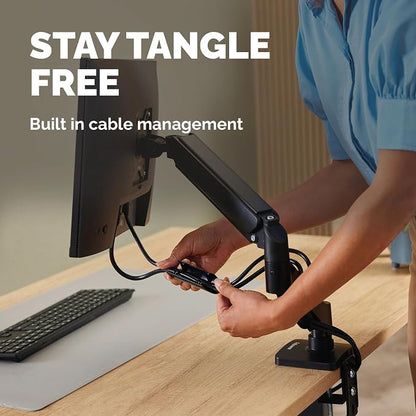 Fellowes Everyday Plus Single Gas Spring Monitor Arm Supports up to 32" Screens Weighing 4.4-19.84 lbs, Height Adjusting, Tilt, Swivel, Rotate, VESA 75/100, Clamp or Grommet Mount, Cable Management
