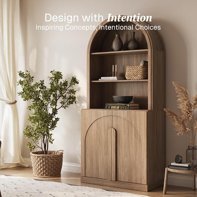 BELLEZE 71" Tall Storage Cabinet with Arched Hutch, Wooden Sideboard Buffet Cabinet with Adjustable Shelves for Pantry Organizing, 5-Tier Modern Storage Unit for Living Room Home Office, Camel