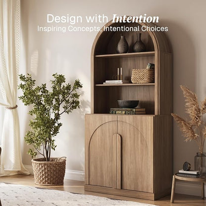 BELLEZE 71" Tall Storage Cabinet with Arched Hutch, Wooden Sideboard Buffet Cabinet with Adjustable Shelves for Pantry Organizing, 5-Tier Modern Storage Unit for Living Room Home Office, Camel