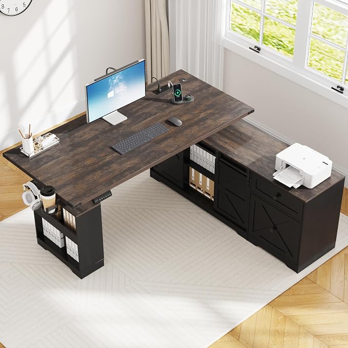 St.Mandyu 63" L Shaped Electric Standing Desk with File Drawer & Sliding Door, Height Adjustable Sit Stand Corner Computer Desk with Power Outlets, Drawers & Cup Holder for Home Office, Black