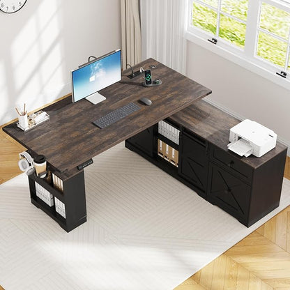 St.Mandyu 63" L Shaped Electric Standing Desk with File Drawer & Sliding Door, Height Adjustable Sit Stand Corner Computer Desk with Power Outlets, Drawers & Cup Holder for Home Office, Black