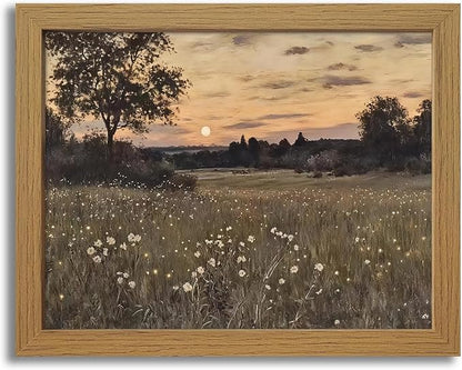 CXQILVER Vintage Framed Meadow Sunset Wall Art, Rustic Twilight Field Landscape Canvas Wall Decor Wildflowers Firefly Poster Print Farmhouse Nature Painting Artwork for Living Room Bedroom 8x10 Inch
