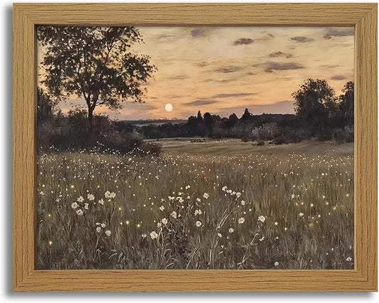 CXQILVER Vintage Framed Meadow Sunset Wall Art, Rustic Twilight Field Landscape Canvas Wall Decor Wildflowers Firefly Poster Print Farmhouse Nature Painting Artwork for Living Room Bedroom 8x10 Inch