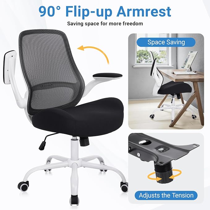 HYLONE Office Chair Ergonomic Chair with Flip up Armrests, 5" Thickened Seat Computer Chair with Breathable Mesh Back Home Office Computer Chairs for Long Hours Mesh Office Chair(White Base&Black)