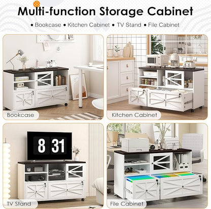 kepptory 2 Drawer File Cabinet with Lock, Rolling File Cabinet for Home Office Fits Files Letter/Legal/F4/A4, Filing Cabinet 2 Drawer with Adjustable Shelf & 2 Lockable Wheels (White + Brown)